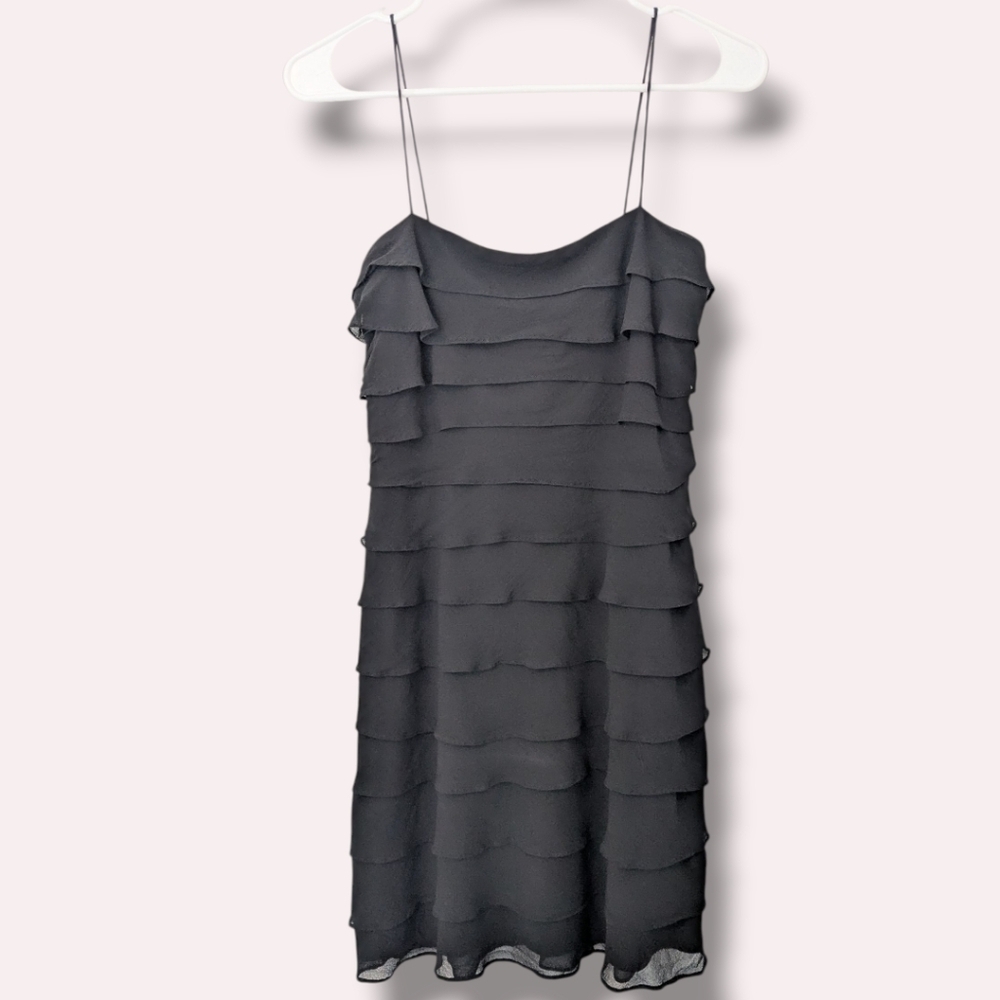 Tadashi Shoji Vintage Black Silk Chiffon Ruffle Tiered Sleeveless Mini Dress